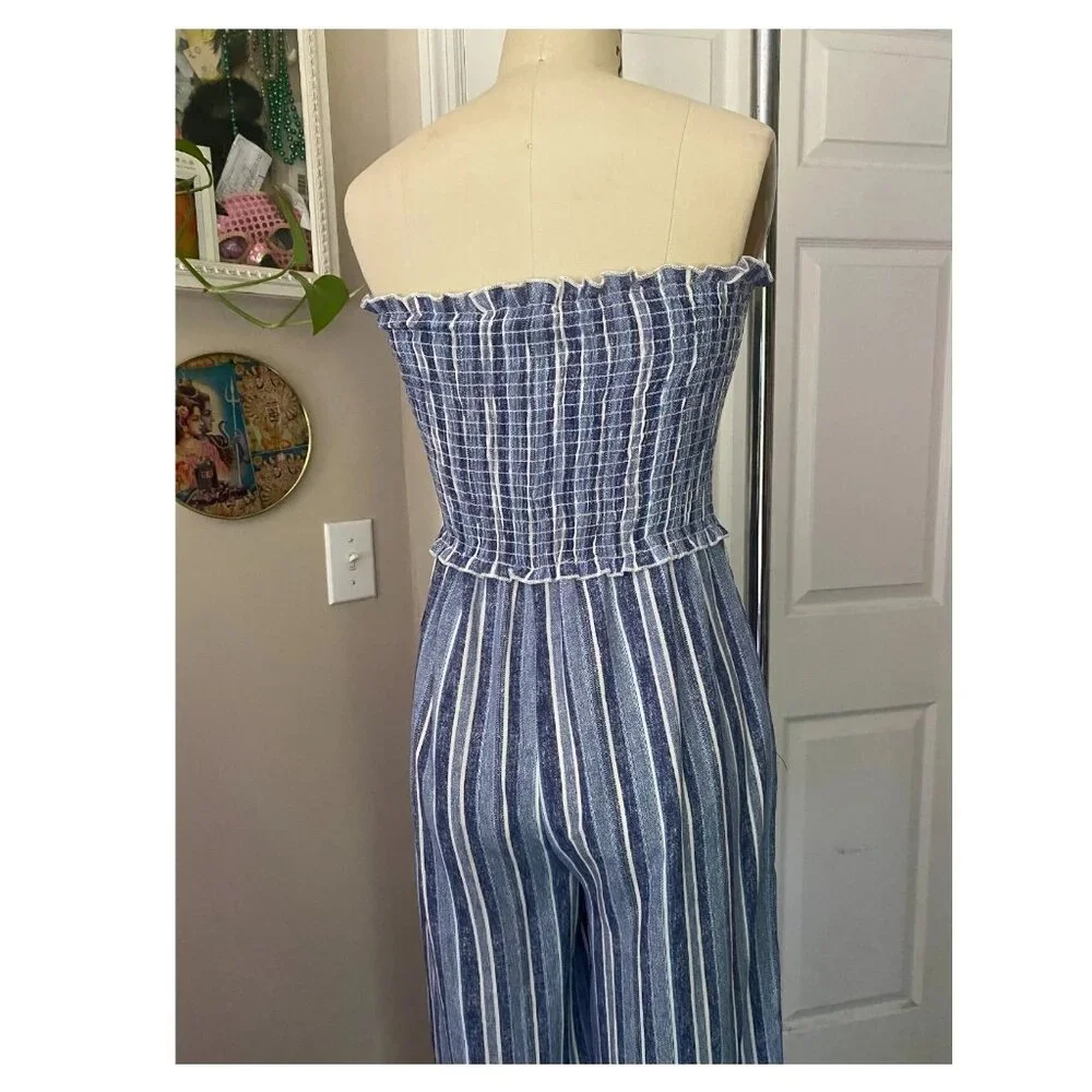 NORDSTROM Gauze Seersucker Strapless Denim Stripe JUMPSUIT Romper *X-SMALL* - Picture 5 of 6